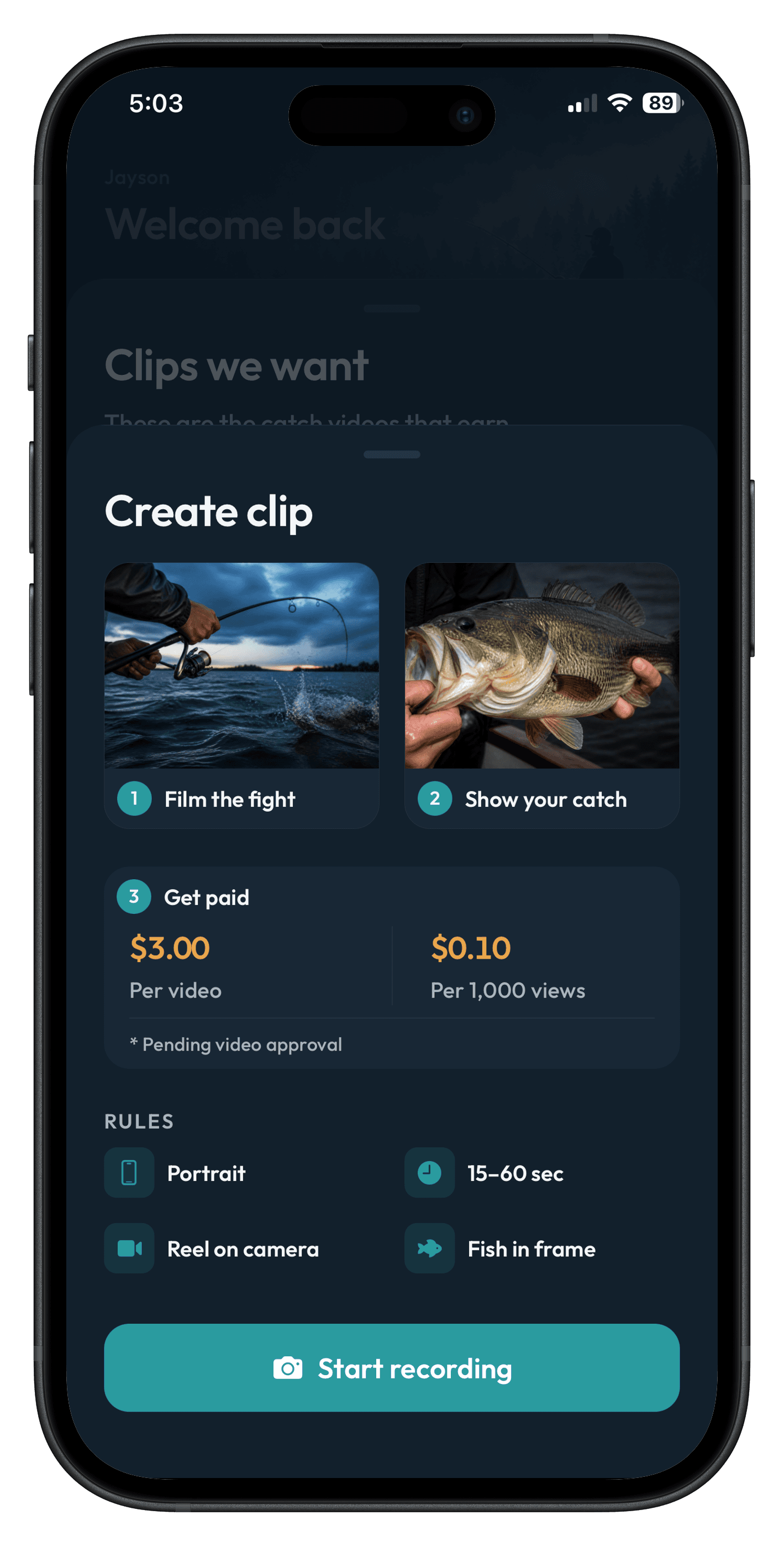 Fish Clips camera recording a catch on the water